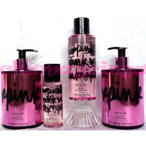 NEW Victorias Secret PINK "PLAY ALL DAY" 2 Lotion & 2 Mist SET of 4 ~ very rare!